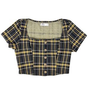 Hollister Black & Yellow Plaid Button Down Crop Top Clueless Preppy Size Small